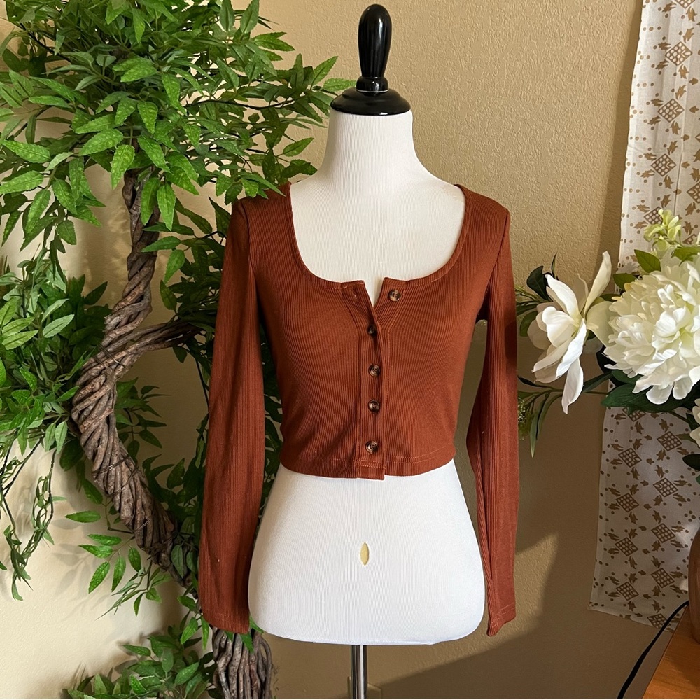 Ribbed Long Sleeve Crop Top in Coffee